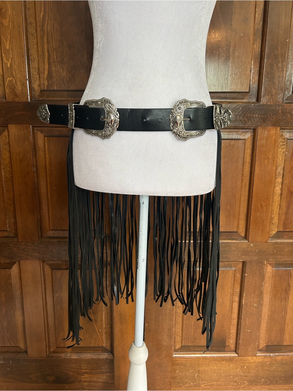 Love J Julia Western Double Buckle Fringe Belt Genuine Leather Black SM BT4231M - Picture 2 of 6